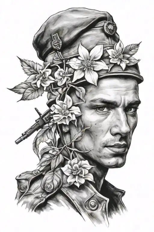a soldier looking straight holding Two flower in the middle tattoo design idea
