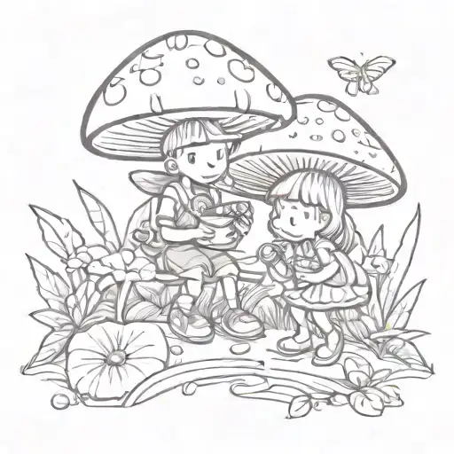 in a sunny day, little cute mushroom guy is playing with little cute cocoa bean girl happily in a Rainforest. tattoo design idea