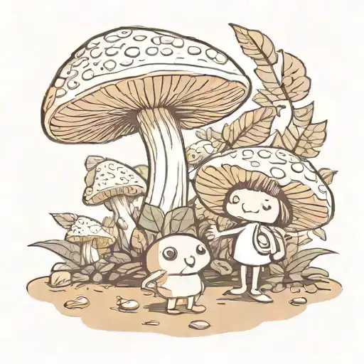 in a sunny day, little cute mushroom guy is playing with little cute cocoa bean girl happily in a Rainforest. tattoo design idea