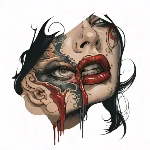 woman's face, a bit dark but fabulous. A drop of blood from the mouth, an expressive eye, in the background some fantast tattoo design idea