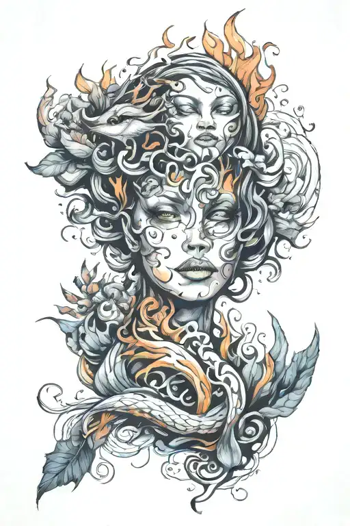 natural rebirth, fire and water struggle, with quirky and interesting patterns tattoo design idea