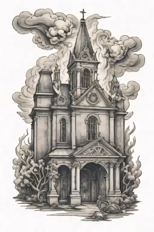 burning church with gate leading tattoo design idea