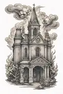burning church with gate leading tattoo design idea