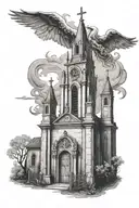 burning church with gate leading tattoo design idea