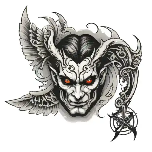half demon half angel face with a cross in the middle tattoo design idea