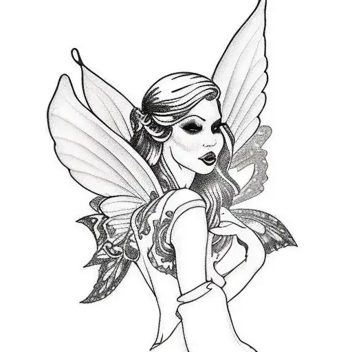 fairy side view black and white tattoo design idea