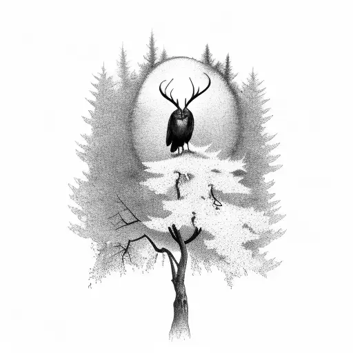 A cinematic scene of a buzzard perched on a tall tree in a dark forest tattoo design idea