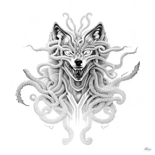 A black-grey portrait of a Medusa transforming into a wolf tattoo design idea