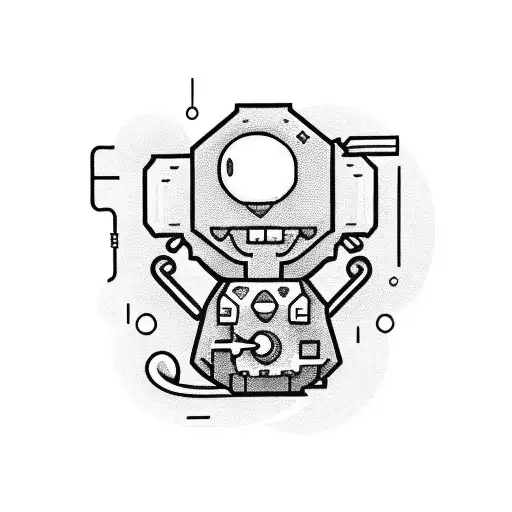 A blackwork tattoo of Bmo changing out his own batteries with a music note background tattoo design idea