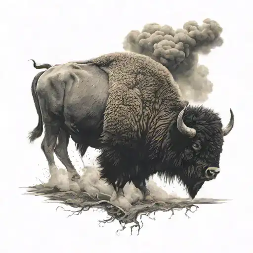 Bison facing a thunderstorm with saying attack the storm tattoo design idea
