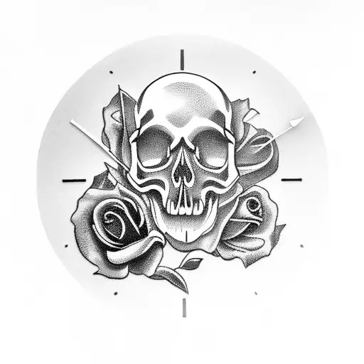 A cemetery scene with a skull, raven, clock, and roses intertwined, symbolizing the passage of time and life and death tattoo design idea