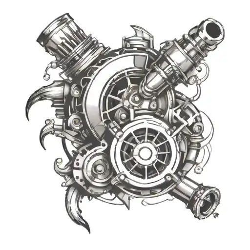 “Create a tattoo design featuring a detailed and prominent turbocharger in the center. Surround the turbocharger with dy tattoo design idea