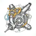 “Create a tattoo design featuring a detailed and prominent turbocharger in the center. Surround the turbocharger with dy tattoo design idea