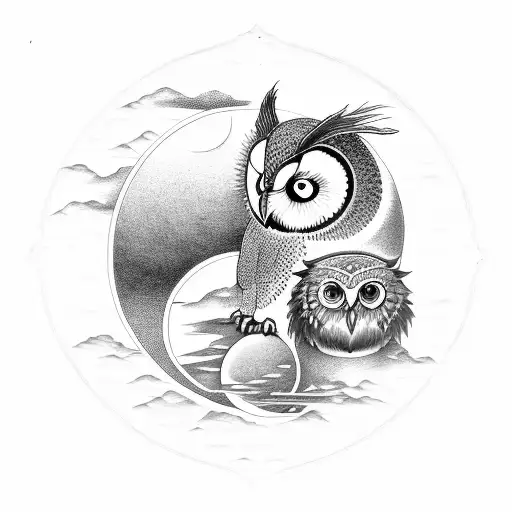 Yin and Yang, ant and owl, sun and moon tattoo design idea