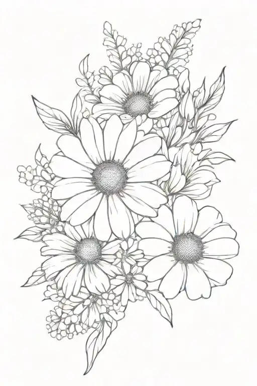 Violet, Marigold, and Daisy bouquet  tattoo design idea