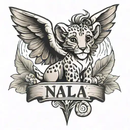baby nala from the lion king movie with angel wings and the name "nala" above  tattoo design idea