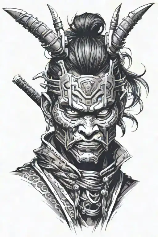 Classic samurai in an oni mask against the background of a city in cyberpunk style tattoo design idea