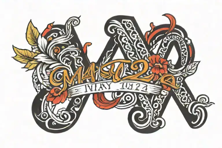 tattoo design (detailed) of "May 9, 2024" in Roman numerals, prominent black ink, stylized lettering, (vibrant) red inco tattoo design idea