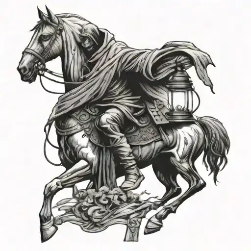 grim reaper holding lantern on a horse tattoo design idea