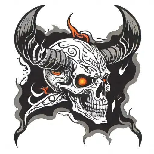 skull with long horns and fire from eye socket with demonic symbols tattoo design idea