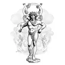 Dionysus statue standing and drinking wine and maenads underneath tattoo design idea