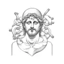 Dionysus statue standing and drinking wine and maenads underneath tattoo design idea