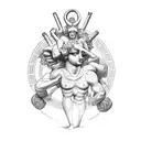 Dionysus statue standing and drinking wine and maenads underneath tattoo design idea