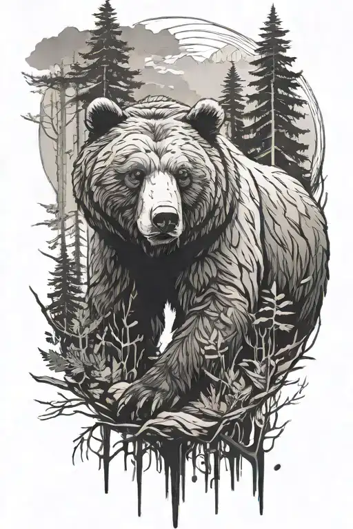 bear wandering in the forest tattoo design idea