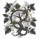 Create a gothic-style tree with merve, memo and our son mert ali elegantly integrated into the branches or roots.  tattoo design idea