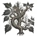 Create a gothic-style tree with merve, memo and our son mert ali elegantly integrated into the branches or roots.  tattoo design idea
