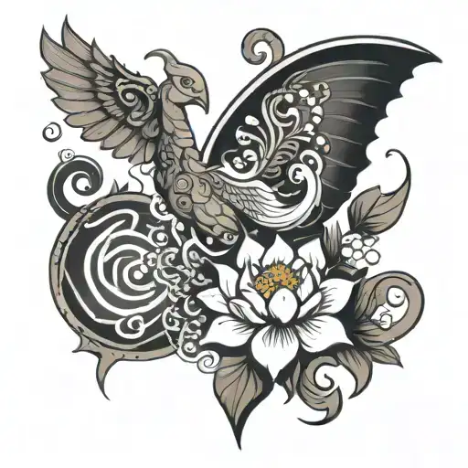 lotus and phoenix and spiral and taurus zodiac sign tattoo design idea