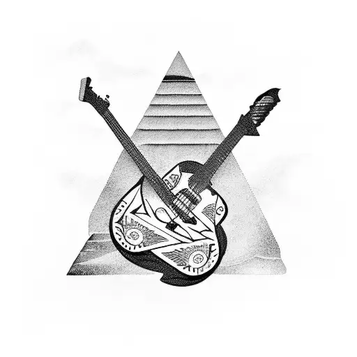 A pyramid-shaped guitar with hieroglyphics in a blackwork style tattoo design idea