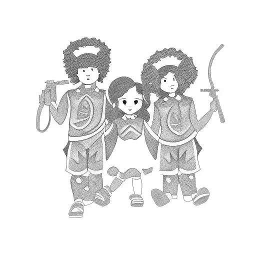 picture of older brother carrying little sister with pigtails and older sister carrying little brother with curly hair.  tattoo design idea