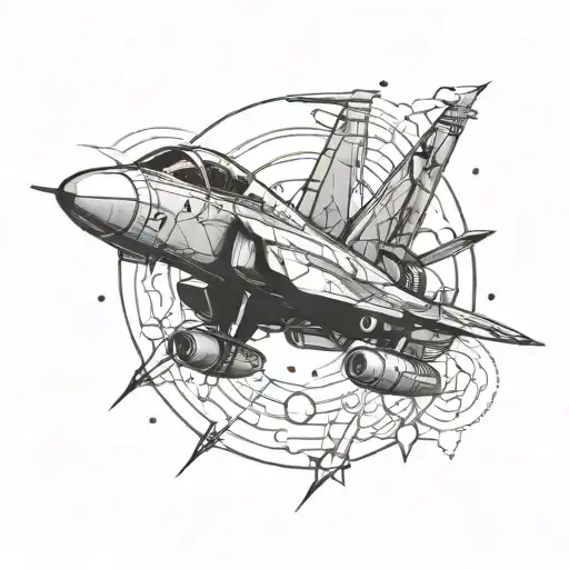 An airplane fighter jet with minimalist line art details and electrical bolts shooting out from its engines tattoo design idea