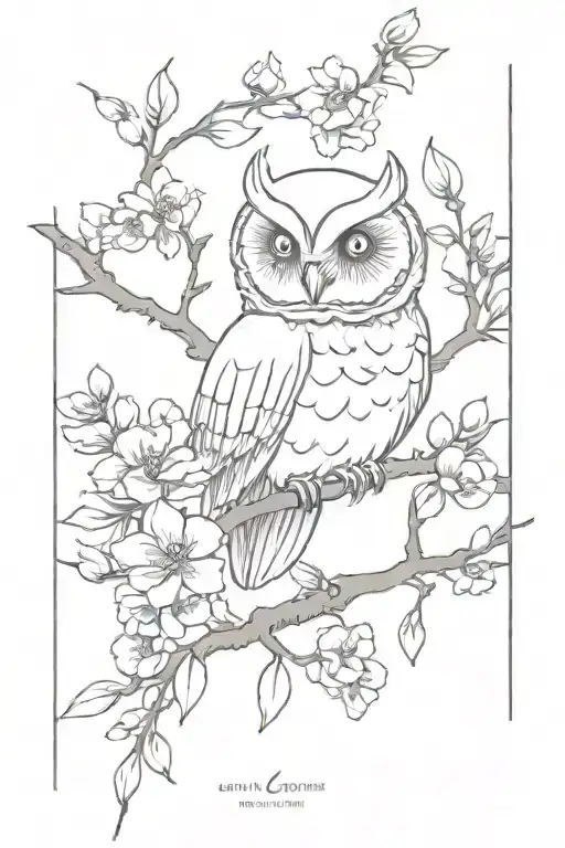 cherru blossom branch with minimalist owl  tattoo design idea