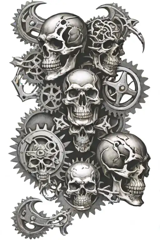 demonic skulls, motorbike chains, gears, sprockets, tattoo design idea