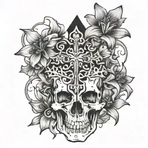 upsidedown cross, lily flowers, skull,  tattoo design idea