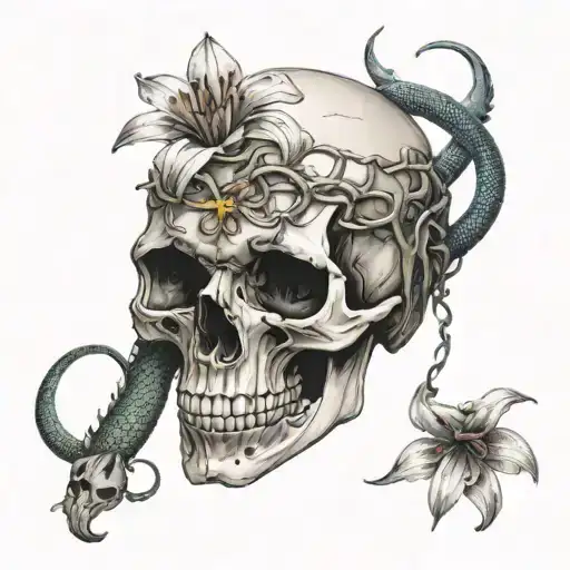 lily flowers, skull, snake intertwined tattoo design idea