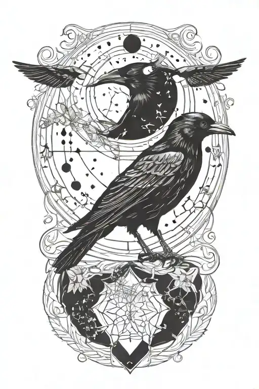 crow, moon, Taurus constellation tattoo design idea