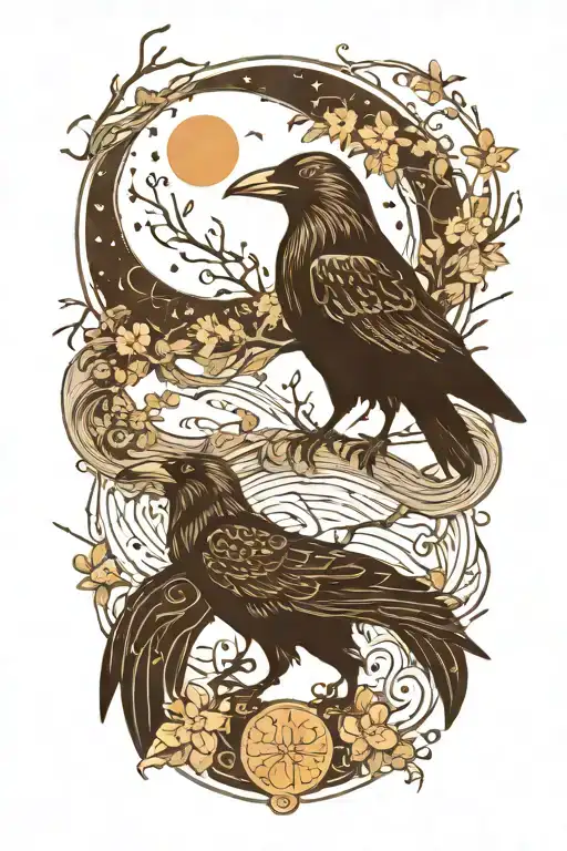 crow, moon, Taurus constellation, nordic runes tattoo design idea