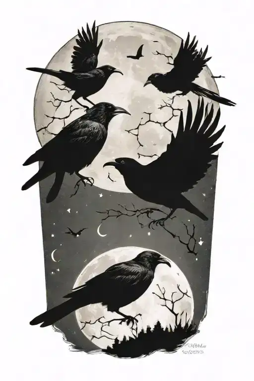 2 crows, moon, Taurus constellation tattoo design idea