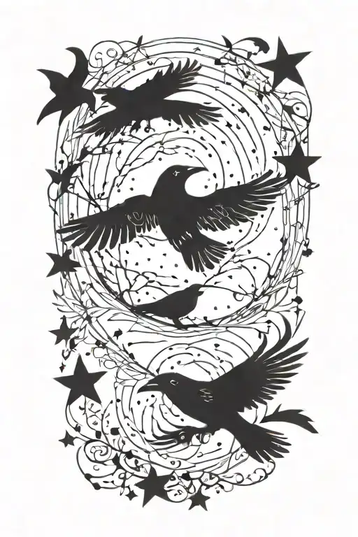 2 crows, moon, Taurus constellation tattoo design idea