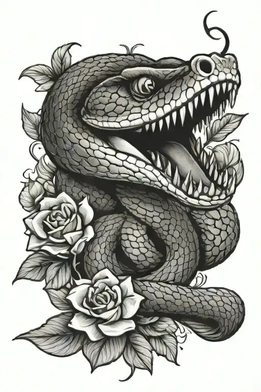 brave snake with tongue out and flowers tattoo design idea