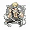 doflamingo one piece hand with strings leading down to a marinate of trafalgar law tattoo design idea