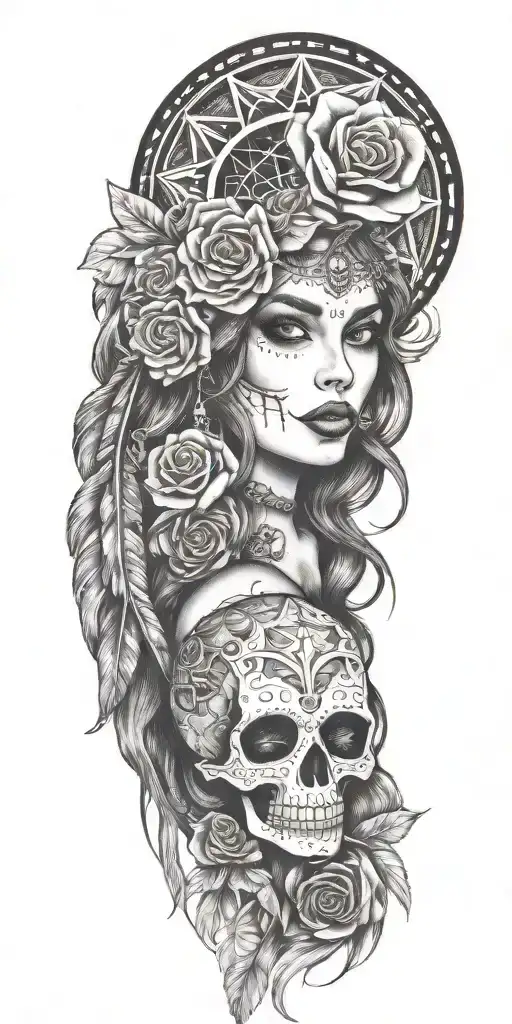 The Dream Catcher and Pin Up Girl and La Catrina tattoo design idea