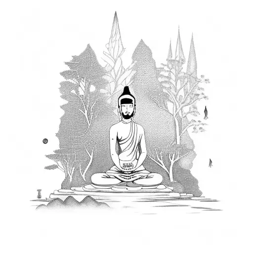 A serene scene of Sao Bento meditating in a tranquil forest tattoo design idea
