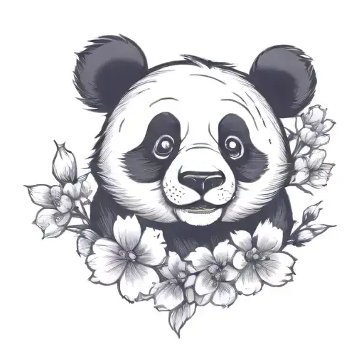Kawaii panda head silhouette tattoo with cherry blossom tattoo design idea