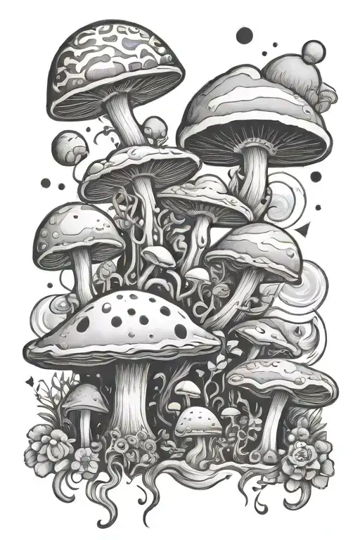 planets stars and nebulas, mushrooms growing, merkabah background tattoo design idea