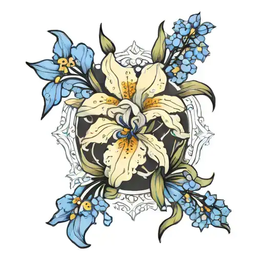 flower tattoo with Forget-Me-Not, Iris flowers with stars tattoo design idea