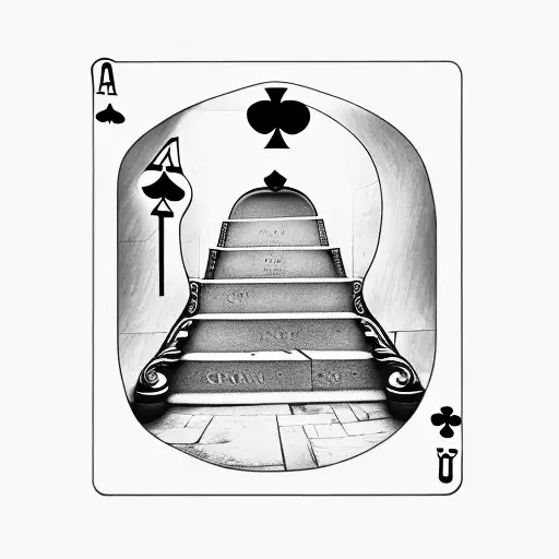 Large hearts playing card with stairs leading to sandtimer and skull/gravestone at the top tattoo design idea